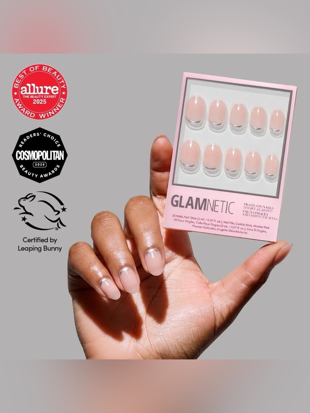 Glamnetic Press On Nails Short Almond Shape SILVER BELLE NIB